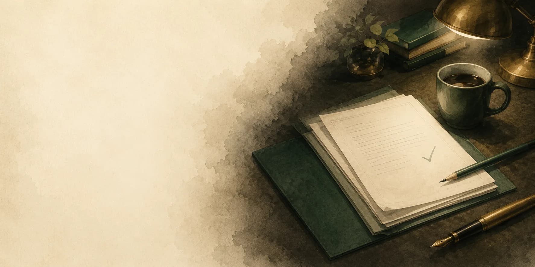 Illustration of a lamplit desk with a checked filing atop its folder, coffee steaming