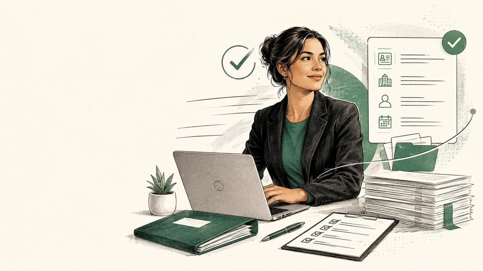 Illustration of a filing specialist reviewing an application checklist at a laptop
