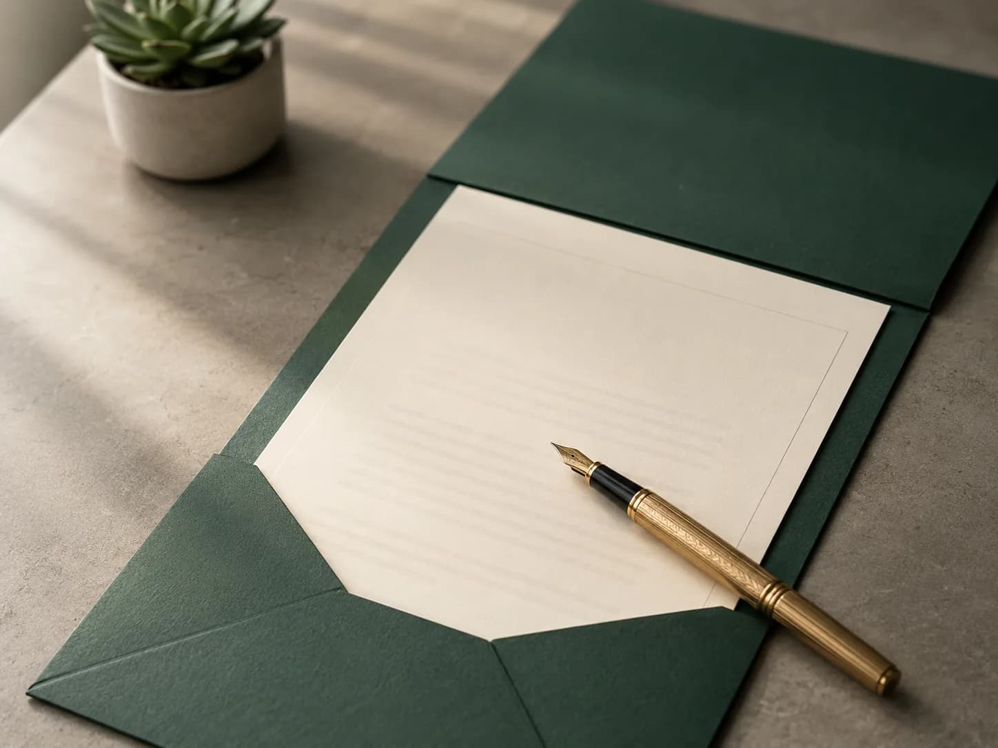 A dark green presentation folder with a formal confirmation document and a gold fountain pen on a stone desk