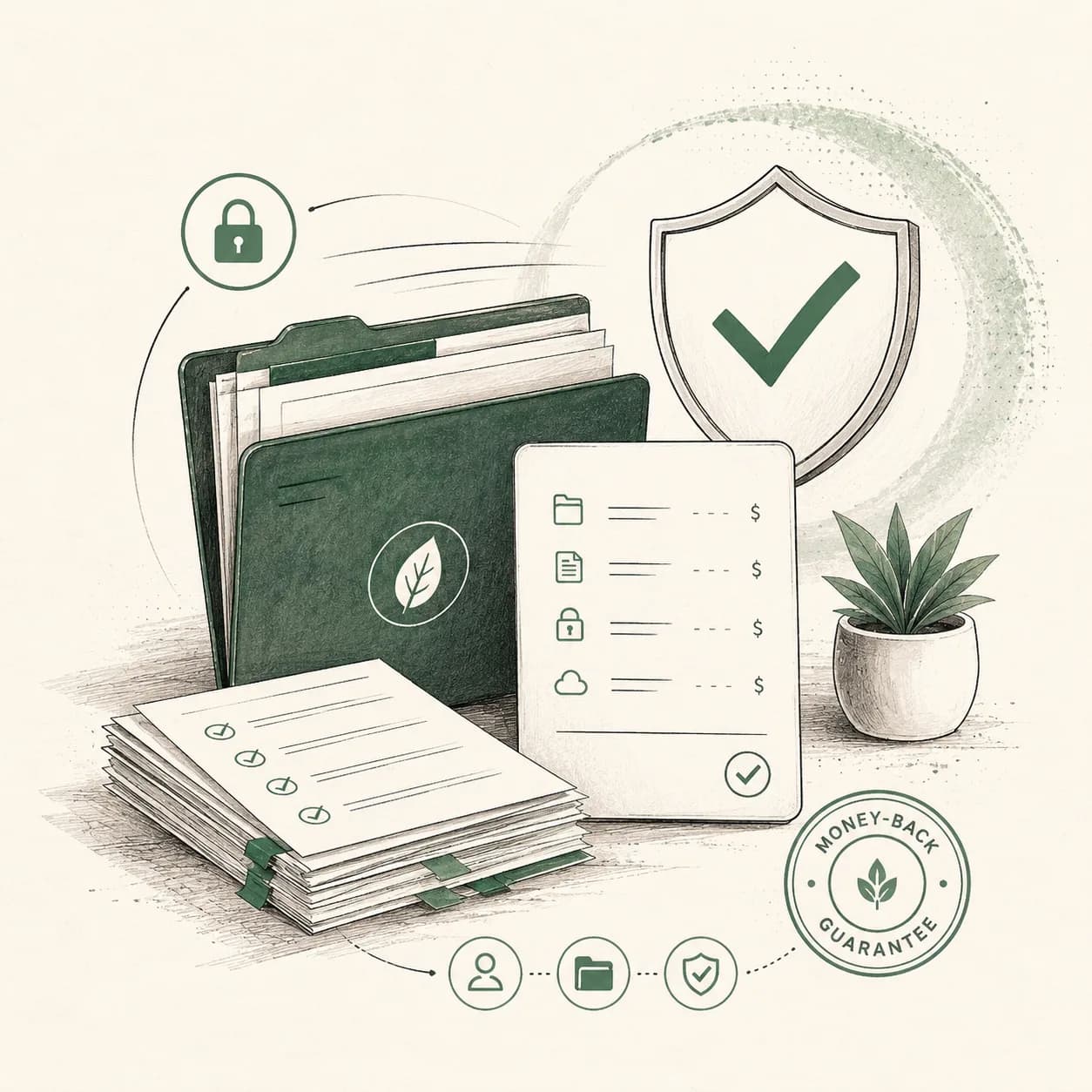 Illustration of a document protected by a green shield check