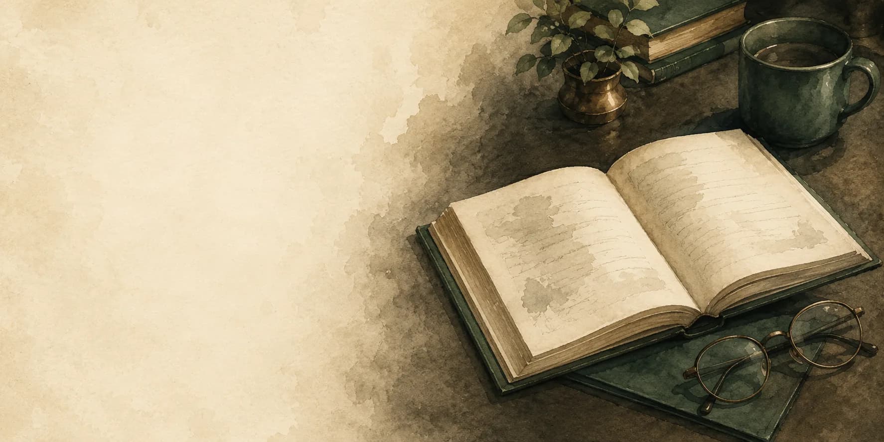 Illustration of an open guidebook with reading glasses and a mug of coffee