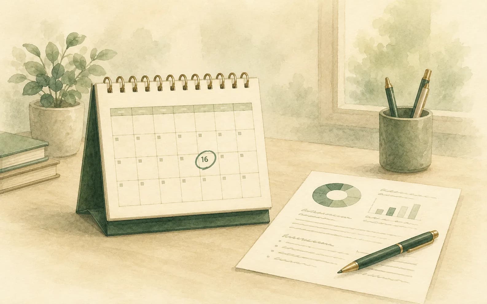 A completed, stamped annual report beside a desk calendar with the deadline circled