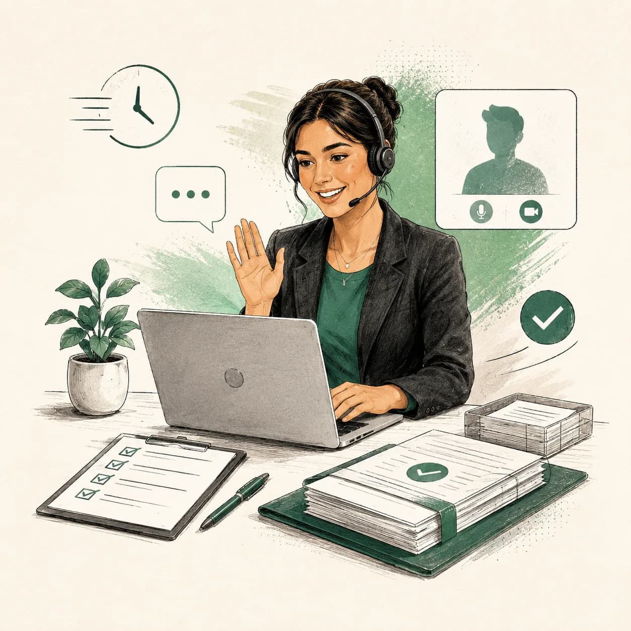 Illustration of a support specialist on a call, checklist and filed documents at hand